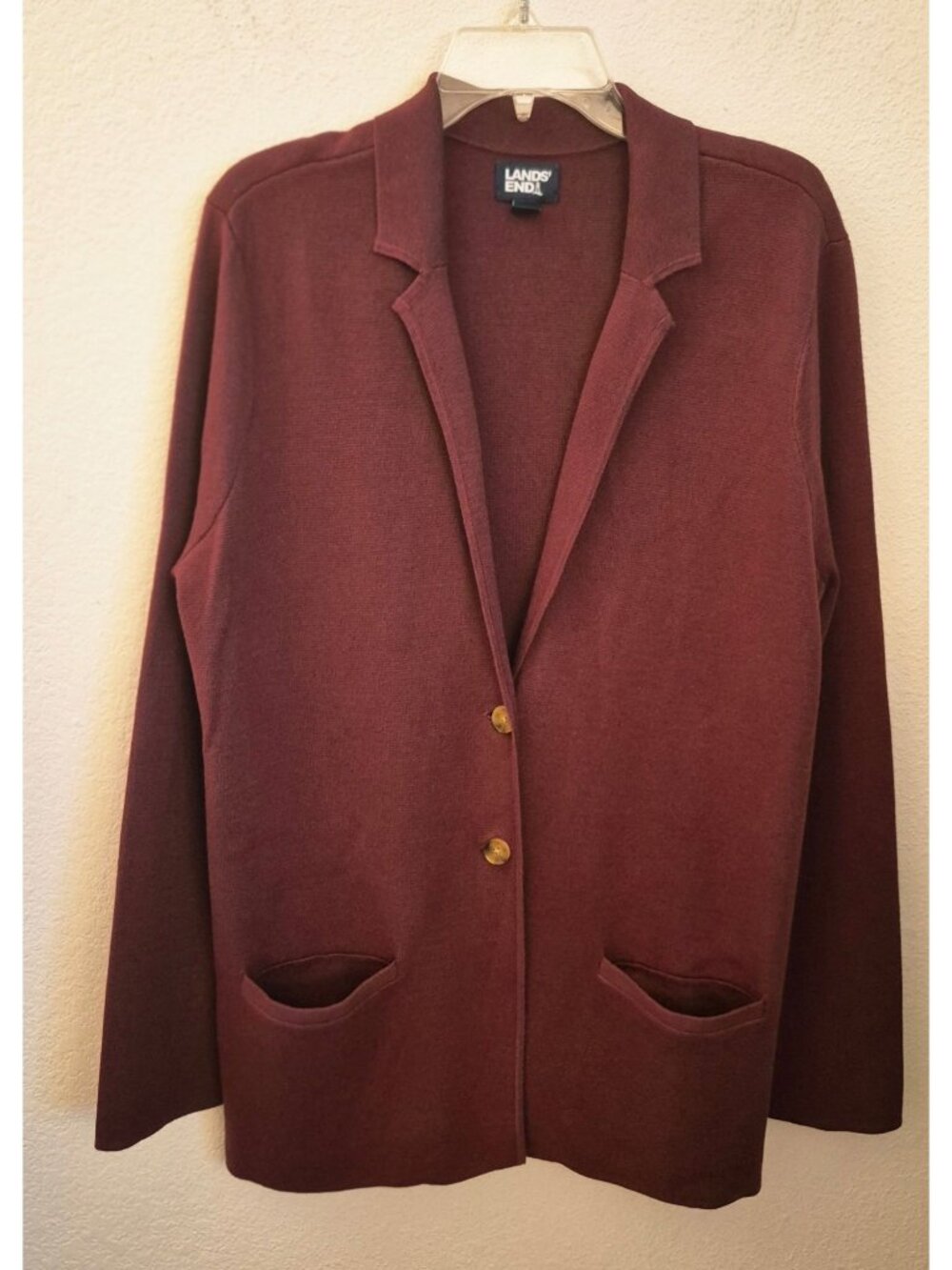 Lands' End Plum Color 100% Cotton Blazer Cardigan w/Pockets Size L EUC